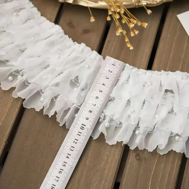 

50cm Pearl Inlaid Three-layer Pleated Chiffon Lace Handmade DIY Garment Skirt Collar Cuff Decoration Accessories Need To Be Sewn