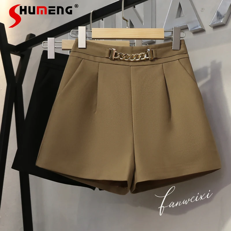 

Fashion Metal Chain Decorative Casual Shorts Women's 2021 Autumn New Loose High Waist Wide Leg Pants for Female