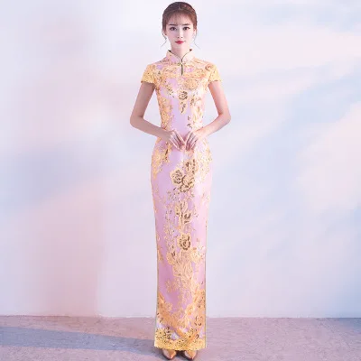 Женское вечернее платье с вышивкой элегантное китайское платье-Ципао блестками