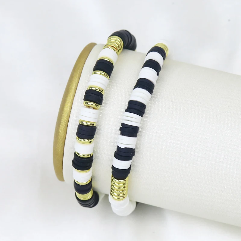 

10 Pieces Handmade White black Polymer Clay Gold Bead Bracelet jewelry Bracelet Handmade chain women Bracelet Jewelry 90004