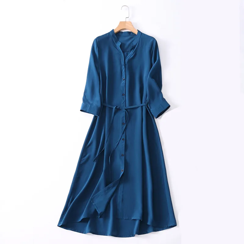 Женское длинное шелковое платье рубашка темно синее из натурального шелка