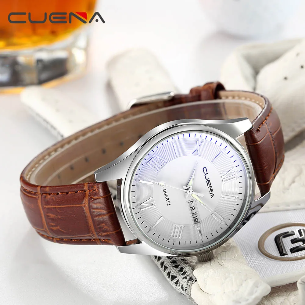 CUENA, мужские кожаные часы, кварцевые часы, модные, простой дизайн, для мужчин, 30 м, водонепроницаемые, простые, с календарем, часы, relogio masculino