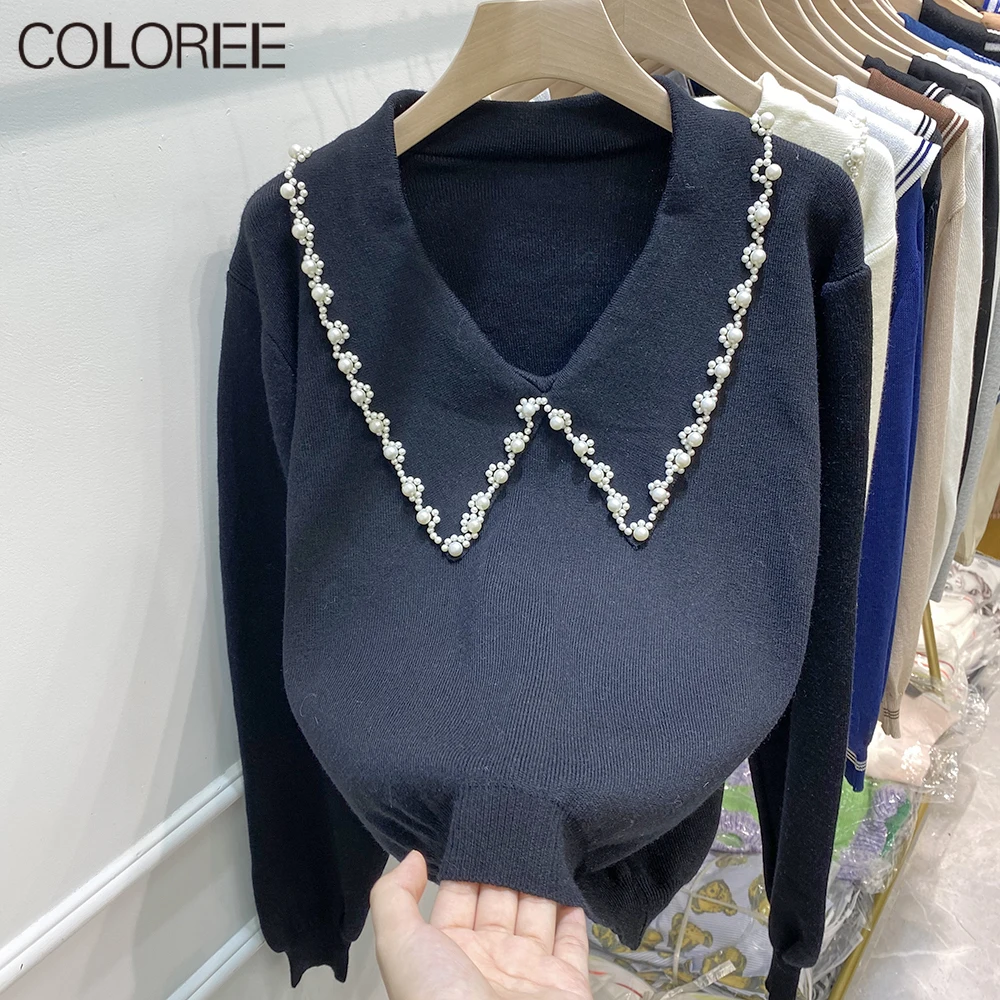 

Женский вязаный свитер, повседневный свободный свитер с жемчужинами, корейская мода, Осень-зима, 2021