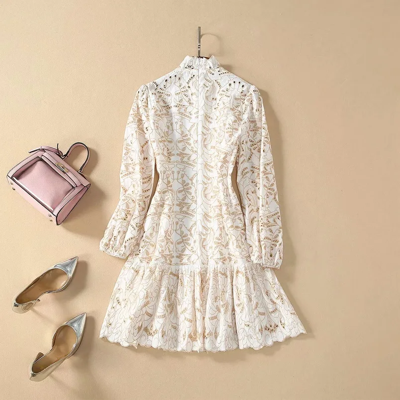 

Out Embroidery Hollow Dress 2021 Spring Summer Fashion Party Ladies Ruffled Collar Tunic Buttons Up Long Sleeve Dress Above Knee