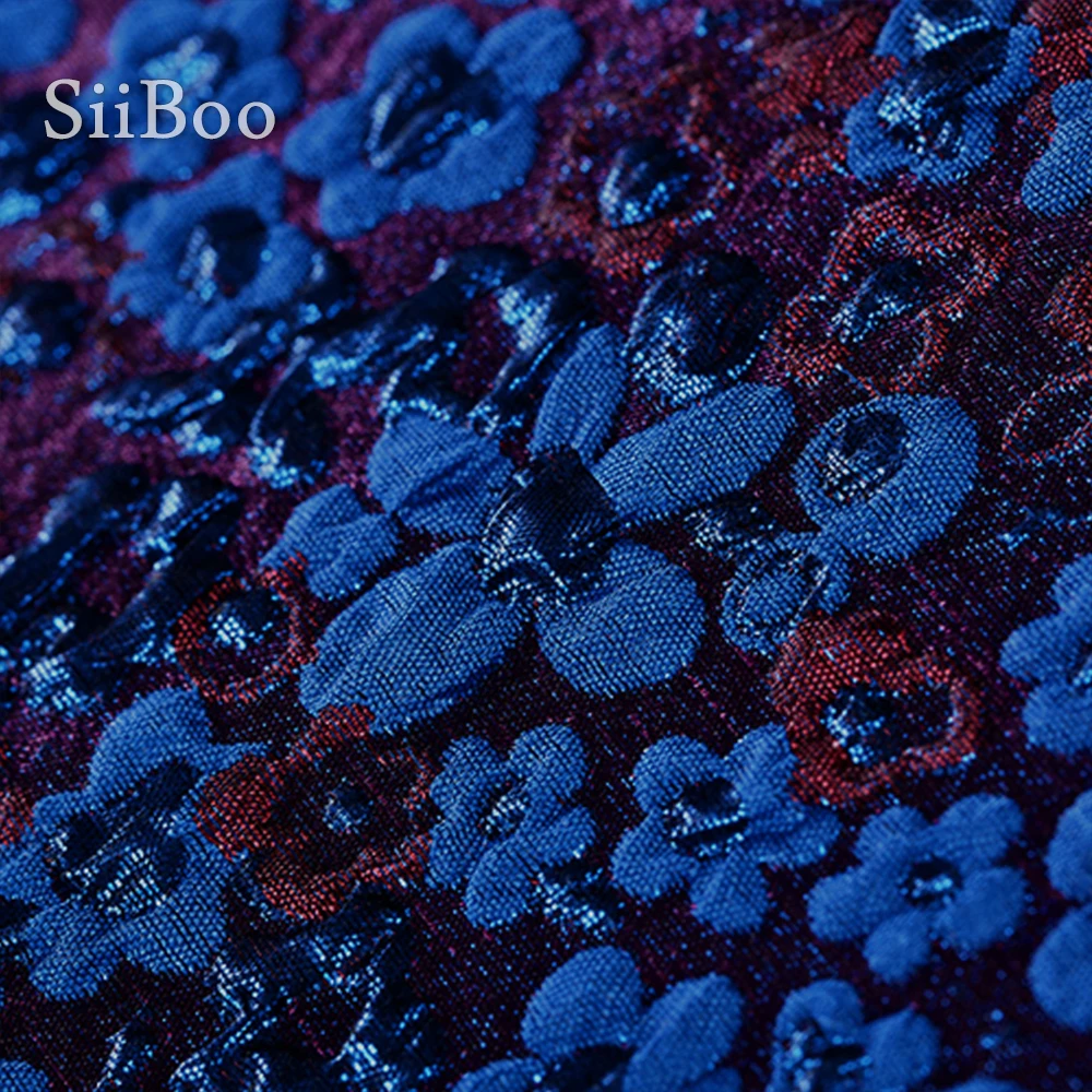 Жаккардовая парчовая ткань для костюма двусторонняя фиолетово-синяя с цветочным
