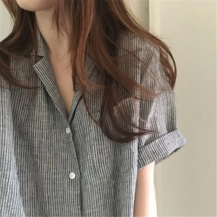 

6152019 Summer New Style Chic Korea-Style Fold-down Collar Striped Loose-Fit Mid-length Short Sleeved Shirt Dress