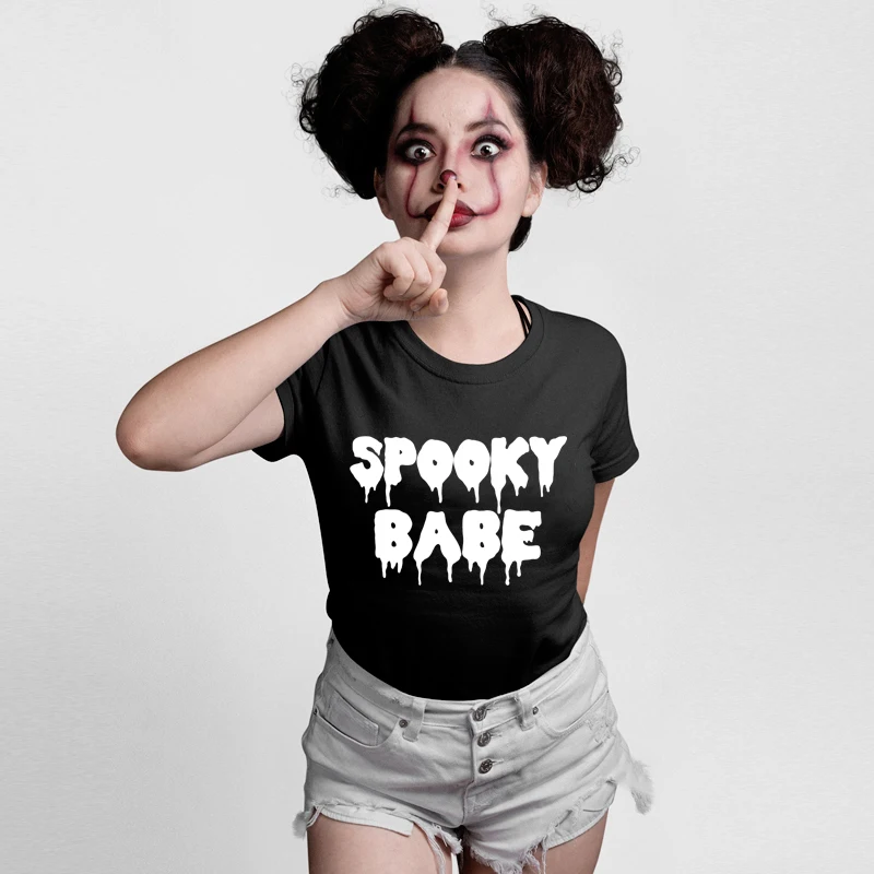 

Spooky Babe 100% Cotton T-shirt Casual Halloween Party Gift Tshirt Cute Women Short Sleeve Hipster Grunge Black Top Tee Shirt
