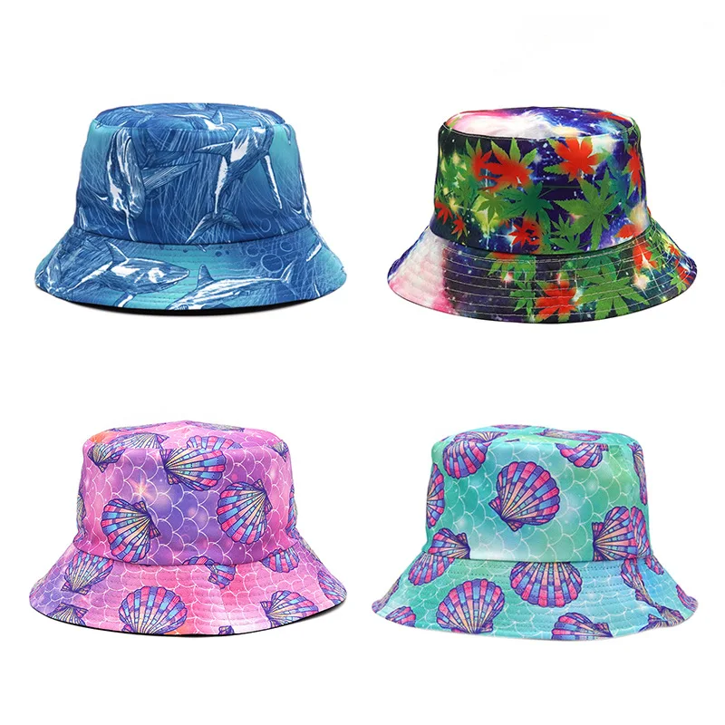 

2021 Fashion Cartoon Print Bucket Hat Women Men Sun Hat Cotton Reversible Fishing Hat Double-sided Flat Cap Female Hip Hop