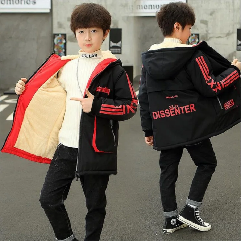 

Winter 5-15Years Boys' Plush Thickened Coats Children's Outwears Long Hooded Warm Cotton-Padded Clothes Jacket For Teens Kids