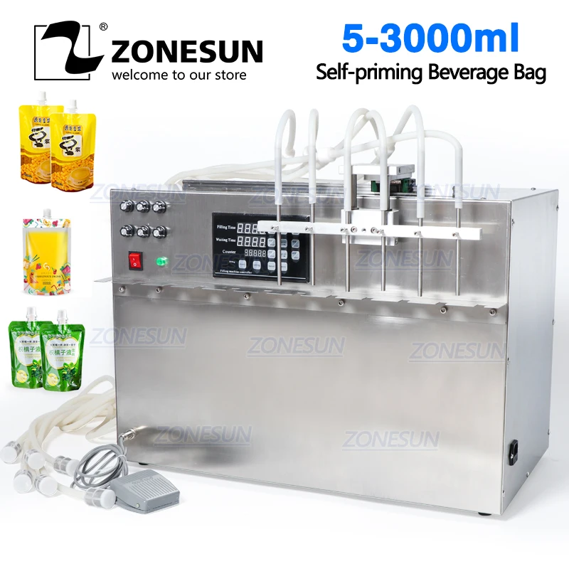 ZONESUN 6 головок самовсасывающая машина для розлива напитков в пакеты цифровое