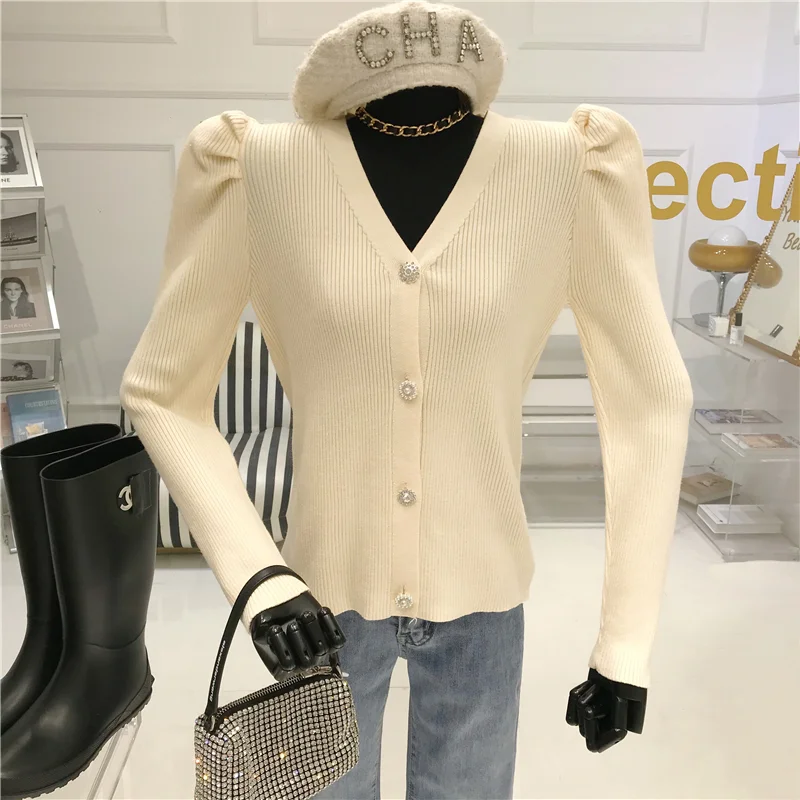 

Fashion V-neck Knitted Sweater Women 2021 Spring New Korean Style Slim Puff Sleeve Short Cardigan Top