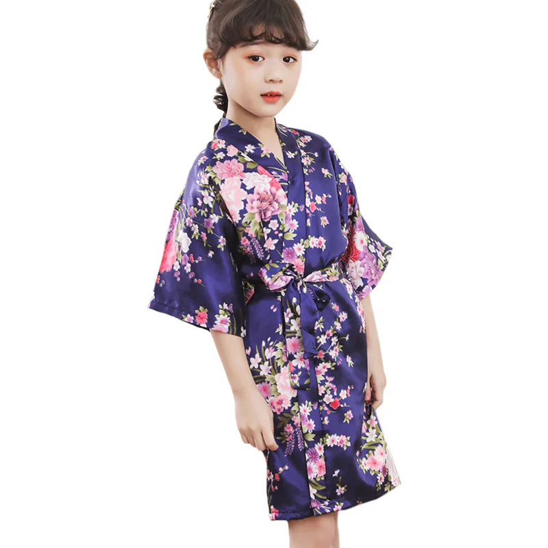 Ночная рубашка для девочек шелковое атласное кимоно с цветами одежда