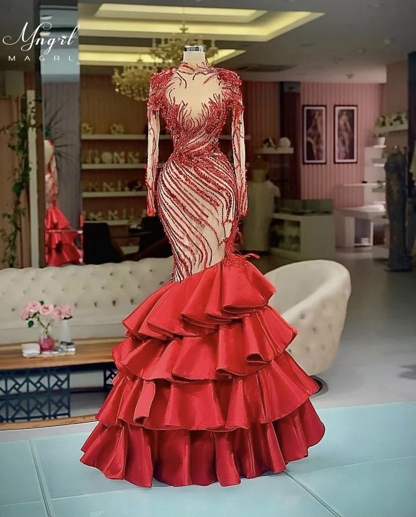 

MNGRL Luxury Evening Dress One-shoulder Long Sleeves Hand-applied Diamonds Glittering 2021 New Evening Dress Party Dress