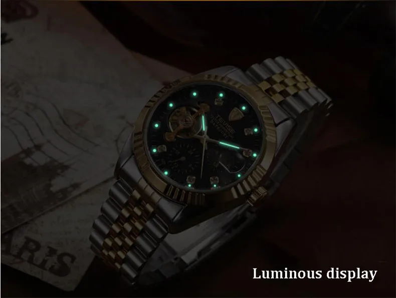 

TEVISE Brand Gold steel strap Men Sports Watches Tourbillon Mechanical Wrist Watch Waterproof Gift Clock Relogios Masculino