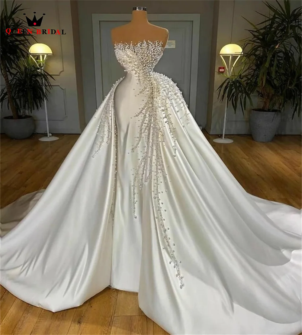

Luxury Satin Mermaid Wedding Dresses with Detachable Train Pearls Crystal Beading Real Photo Bride Gown Custom Made JY78