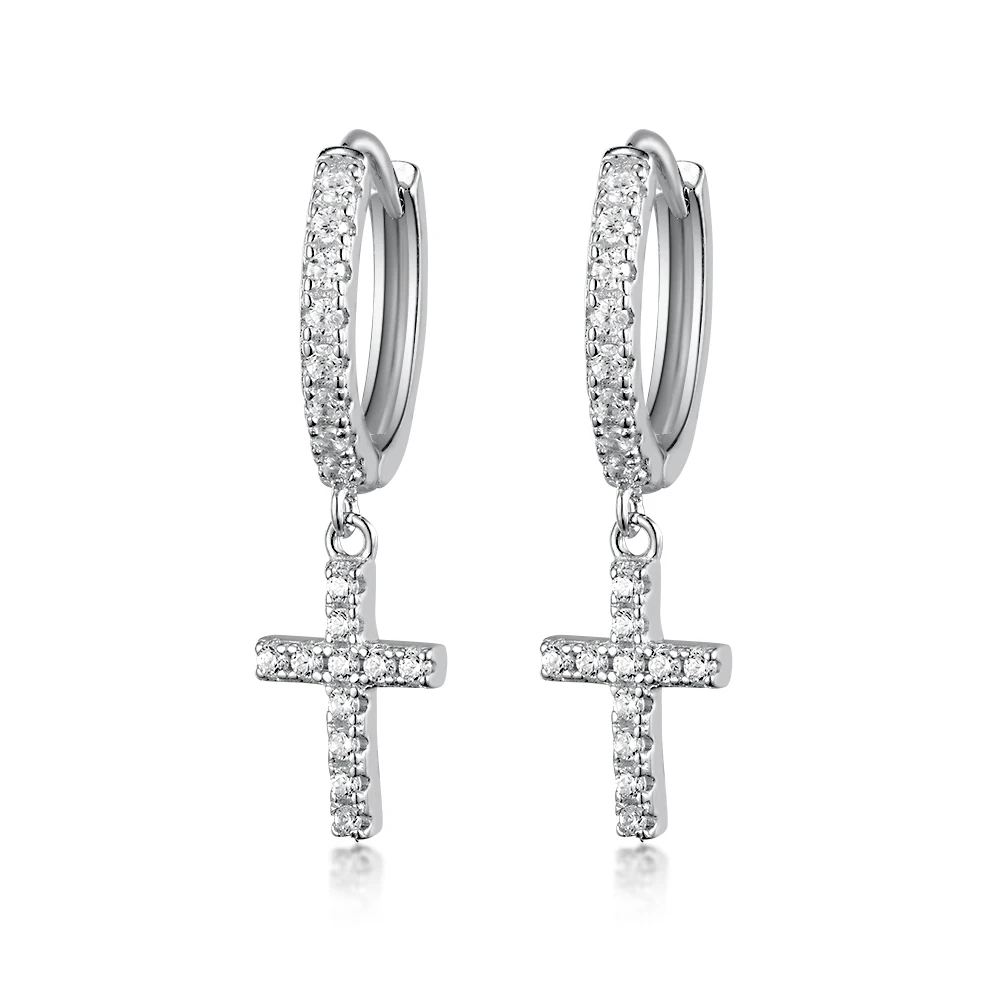 

925 Sterling Silver Hoop Earrings Cross Inlaid White Zircon Earrings for Women Men Gift Pendant Fine Ear Jewelry