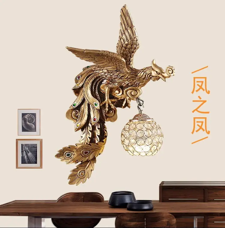 

American style country resin peacock wall lamp living room bedroom bedside lamp European gold creative crystal wall lamp