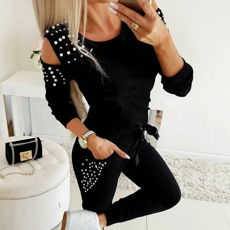 

Woman Tracksuit Casual Off Shoulder Bead T-Shirt Long Pant Cotton Solid Color O-Neck Sexy Set Long Sleeve Sportwear Streetwear