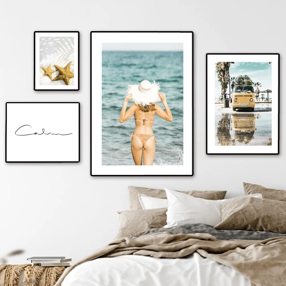 Canvas Painting Summer Beach Girl Conch Starfish Sailboat Bus Nordic Posters And Prints Wall Art Pictures For Living Room Decor | Дом и сад
