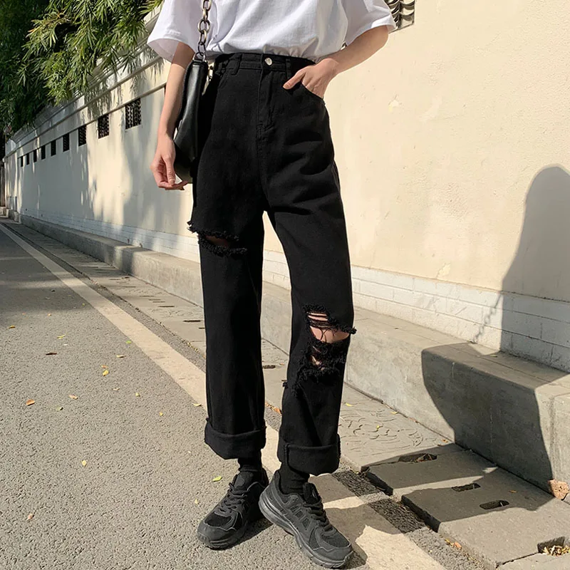 

Jeans Women BF Style Simple Female Newly BF College Teens Denim Trousers Ripped All-match Hole Full Length Fall Black Boyfriend