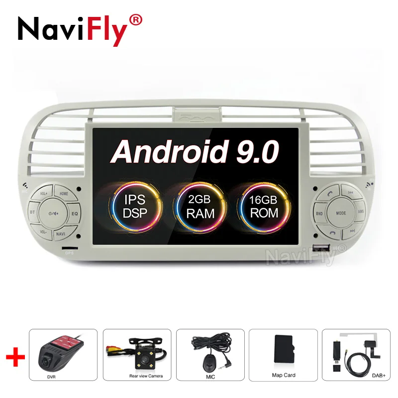 white NaviFly ips экран DSP 2 din android 9,0 автомобильный multimidia gps навигатор для FIAT 500 аудио радио авто стерео аудио автомобиля - Цвет: white