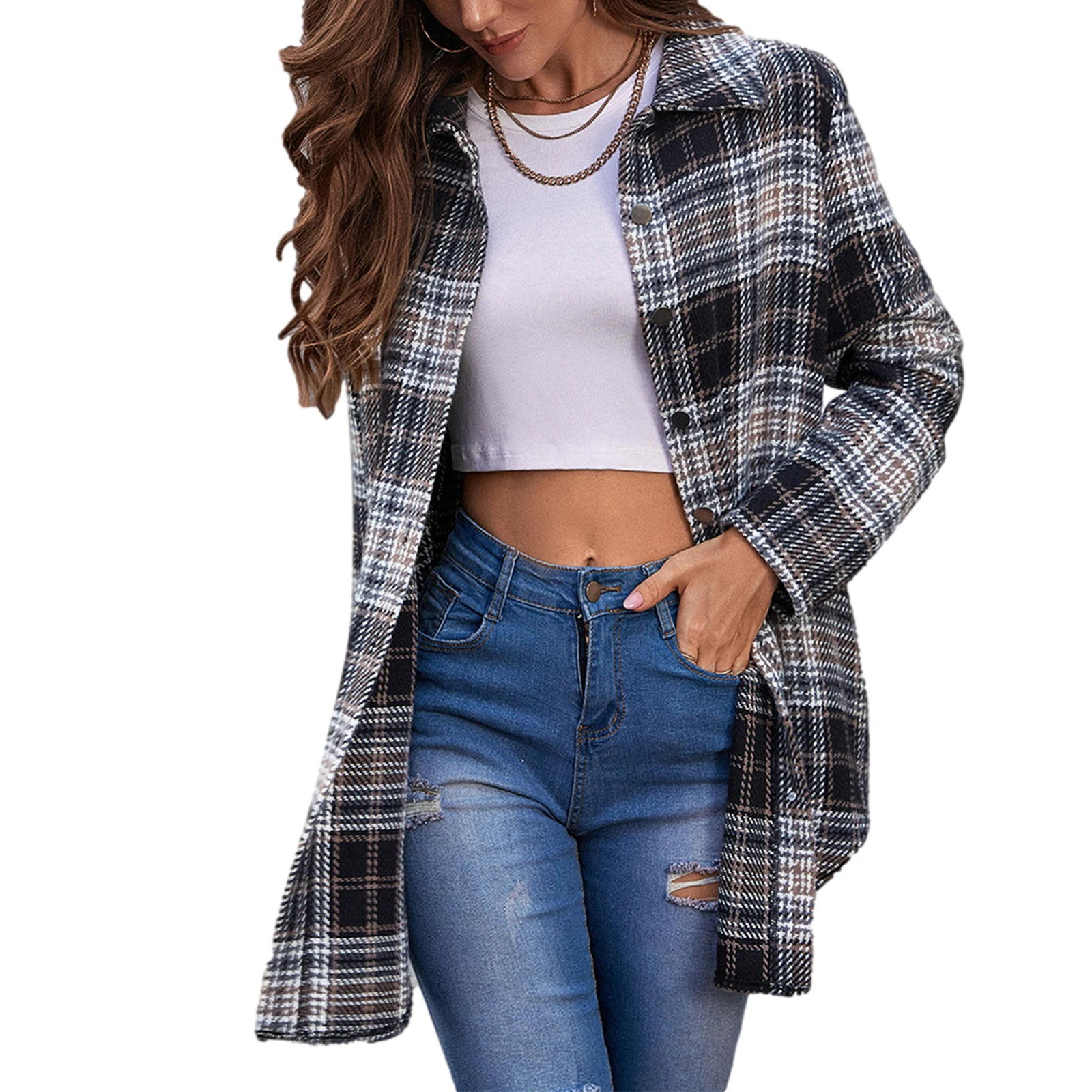 

Women Casual Plaid Shirt Adults Button-down Color Block Long Sleeve Lapel Jacket