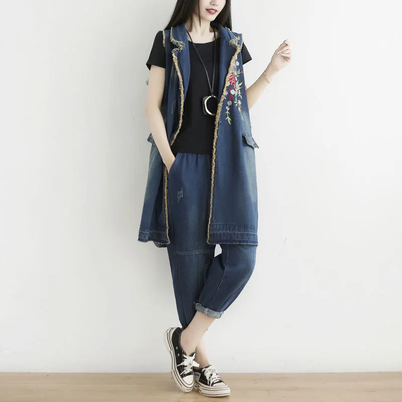 

Vintage Ripped Embroidery Flower Denim Women's Vest 2021 Autumn Sleeveless Jacket Coat Oversized Waistcoat Outerwear Long Vests
