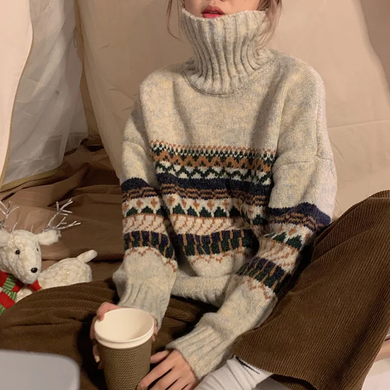 

Autumn Winter 3 Color Vintage High Collar Sweater Loose Korean Casual Women Knit Sweater New Fashion Elegant All-Match Pullovers