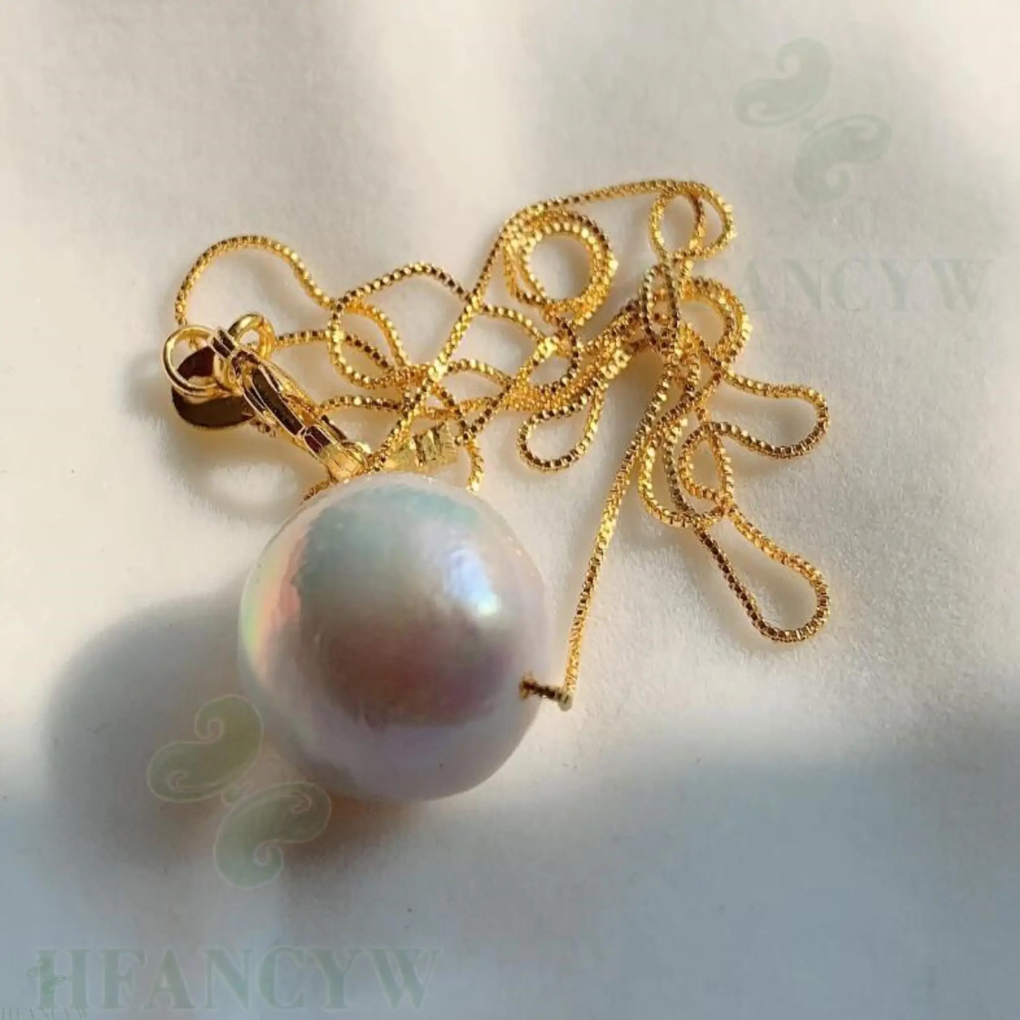

White Pearl Pendant Necklace Square chain 18 Inches 18K Chain Real Cultured Flawless Gift