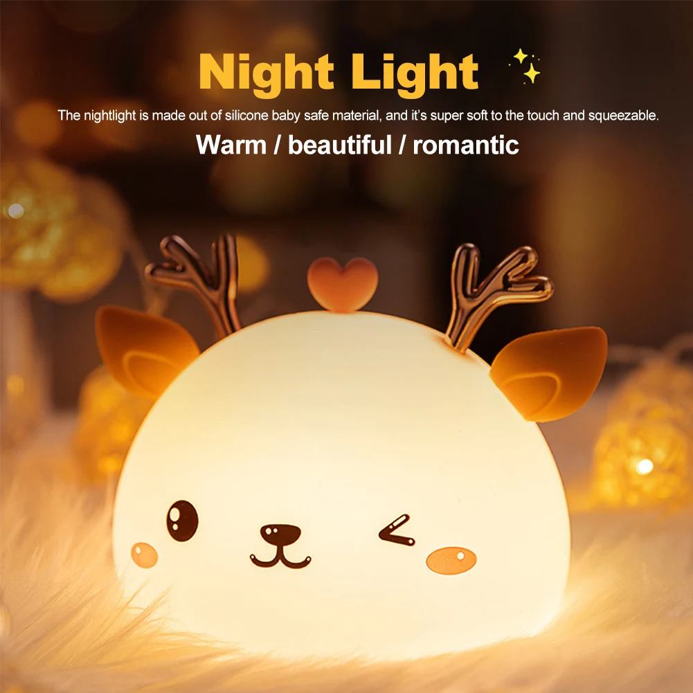 

Color Changing For Kids Cute Deer Portable Gifts Desktop Home Decor Cartoon Night Light Bedroom Soft Silicone USB Rechargeable