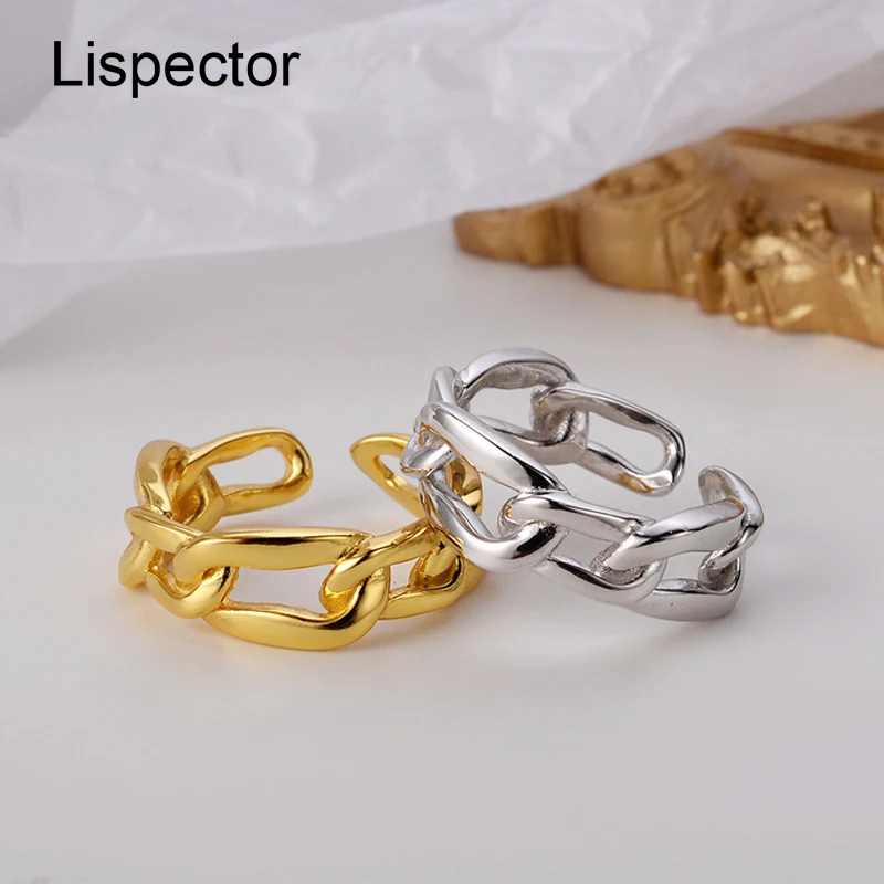 

Lispector 925 Sterling Silver Korean Hollow Chain Rings for Women 18K Gold Plating Simple Open Ring Wild Female Casual Jewelry