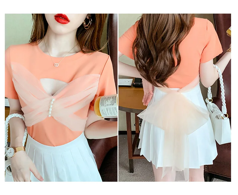 

Women's T-shirt Solid Color Top Casual Tees New Tops Fashion T Shirt Slim Splicing O-collar Hollow Out Short Sleeve Houthion