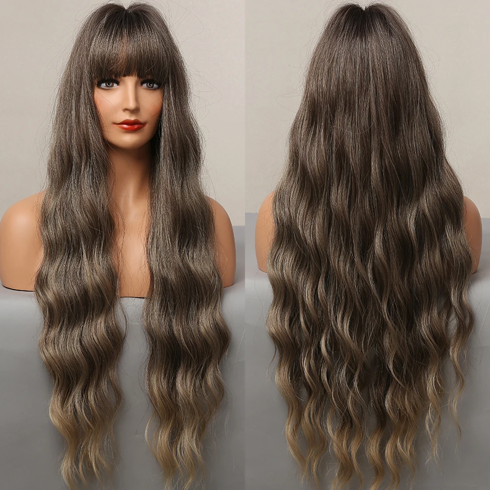 

ALAN EATON Long Water Wave Ombre Dark Brown Wigs for Black Women Afro Cosplay Daily Hair Wigs with Bangs High Temperature Fiber