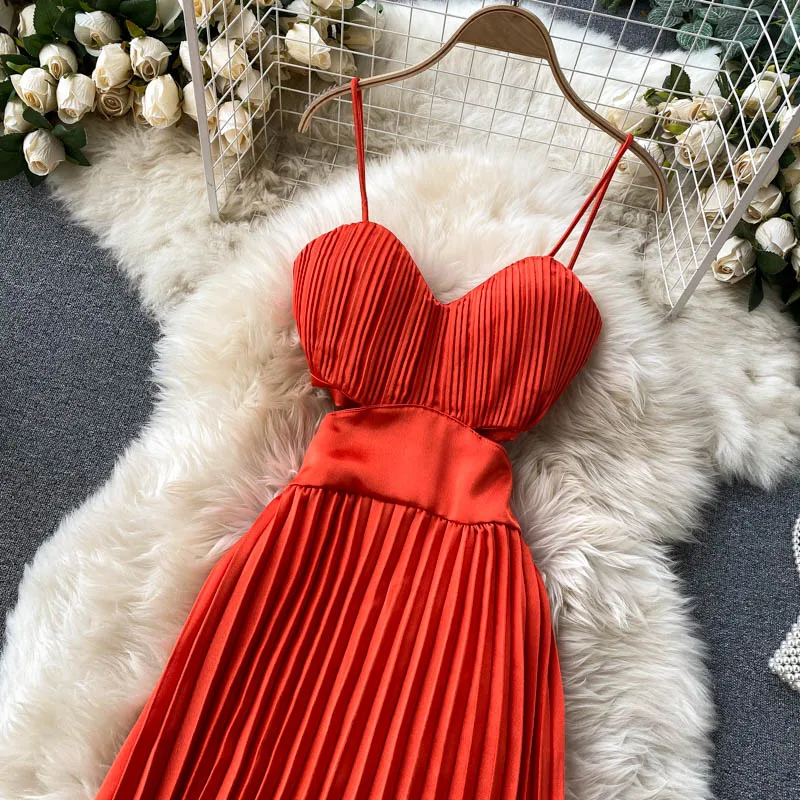 

ZQLZ Summer Sleeveless Dress Women 2021 V-Neck Hollow Out Backless Sexy Spaghetti Strap Pleated Dresses Party Elegant Vestidos