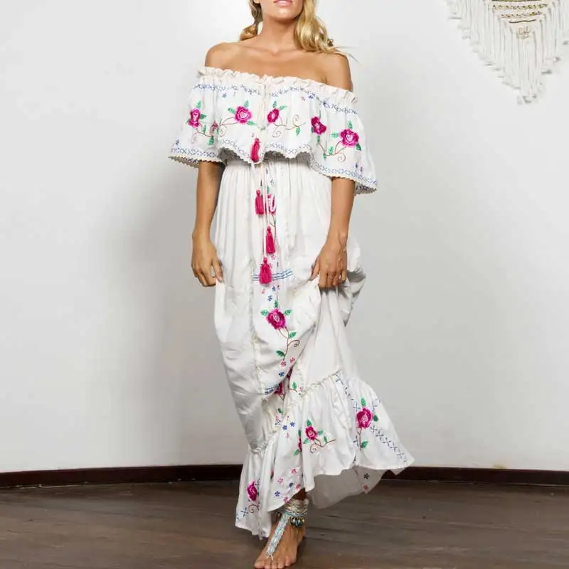 BOHO INSPIRED white Embroidered dess women Ruffle boho Dress off shoulder lace trim holiday summer dress elastic long | Женская одежда
