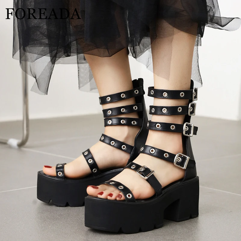 

FOREADA Woman Gladiator Shoes Goth Style Buckle Sandals High Block Heels Shoes Platform Round Toe Narrow Band Sandals Summer 44