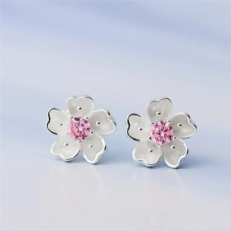 

Woman Earrings Jewelry Brand Purple/Pink Cubic Zirconia Sakura Flowers Stud Earrings For Women Girl Cute Romantic Jewelry