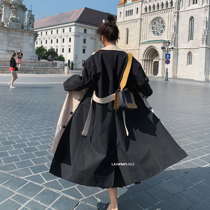 2021 Новинка весны Осенняя однобортная Цвет блок из кусков ветровка длинное пальто