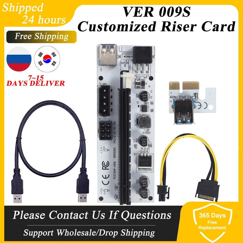 

Newest VER009 USB3.0 PCI-E Riser VER 009S Express 1X To 16X Extender pcie Riser Adapter Card SATA 15pin to 6pin Power For Mining