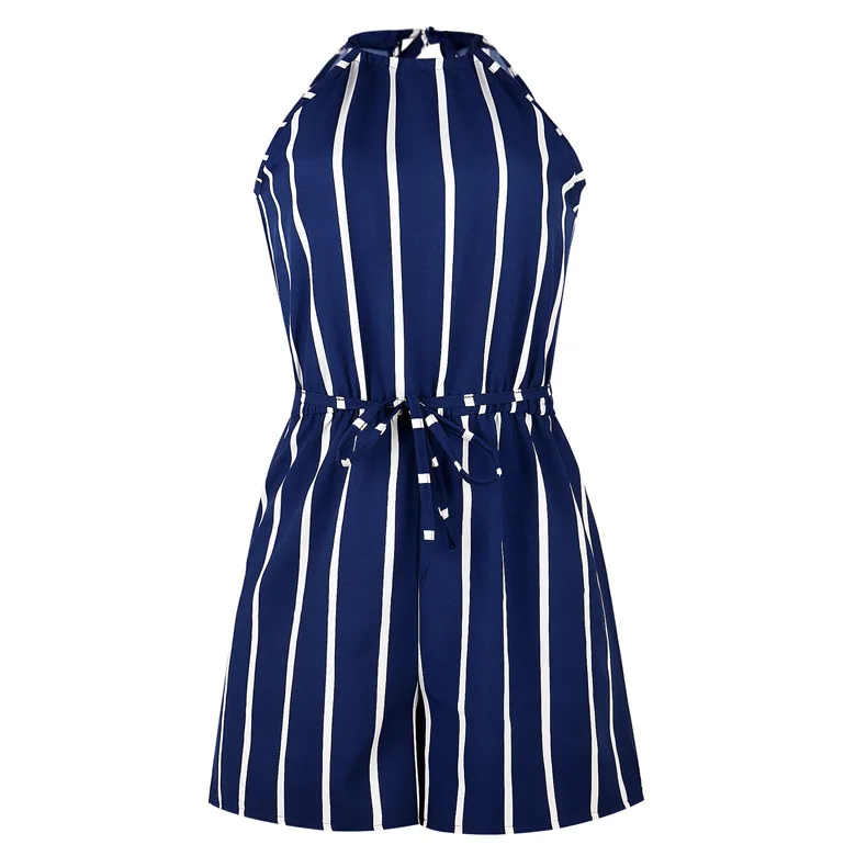 

Women's Striped Beach Shorts Jumpsuit Blue and White Playsuits Summer