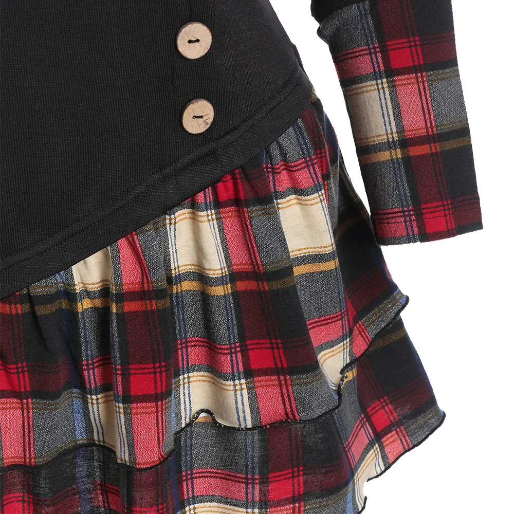 Женская клетчатая футболка DRESSFO многослойная с v-образным вырезом длинным