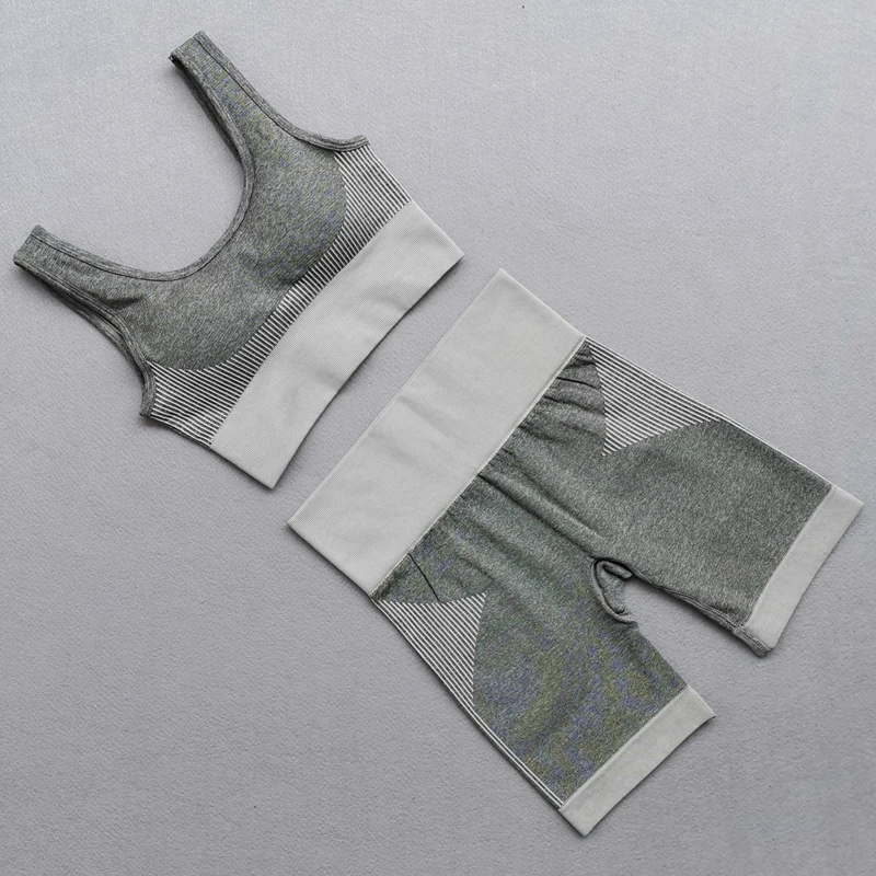 Бесшовный комплект для йоги из 2 предметов женская одежда тренировок в полоску