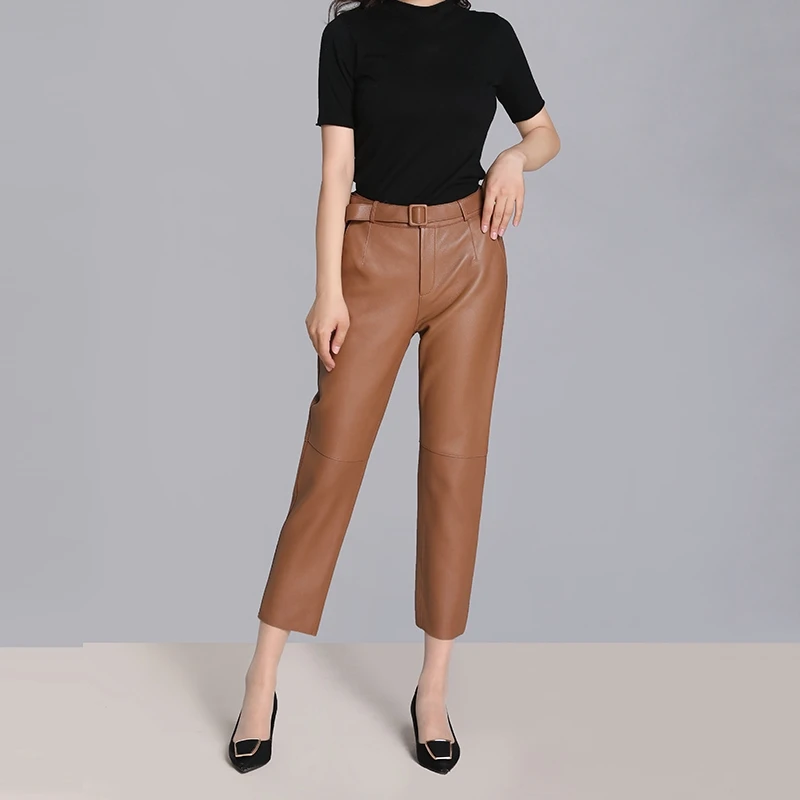 

Genuine Leather Pants Women High Waist 2023 Autumn And Winter Korean Style Streetwear Trousers Women With Belt