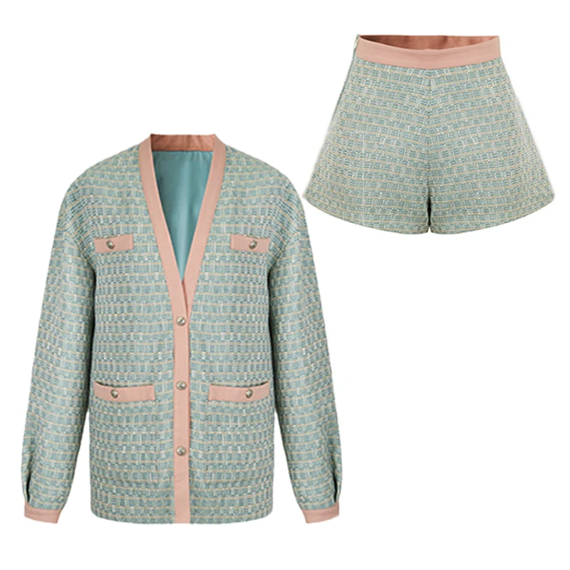 Твидовый пиджак + шорты костюм зеленый осенне-зимний женский деловой из 2