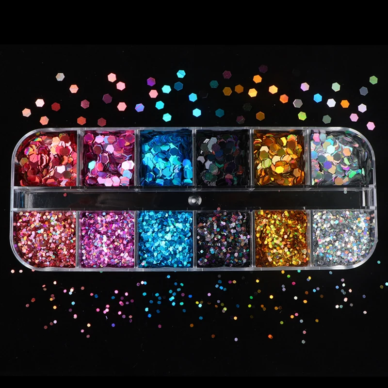 

12 Grids Butterfly Heart Fruits Various Shapes Nail Art Glitter Flakes 3D colourful Sequins Polish Manicure Nail Decoration
