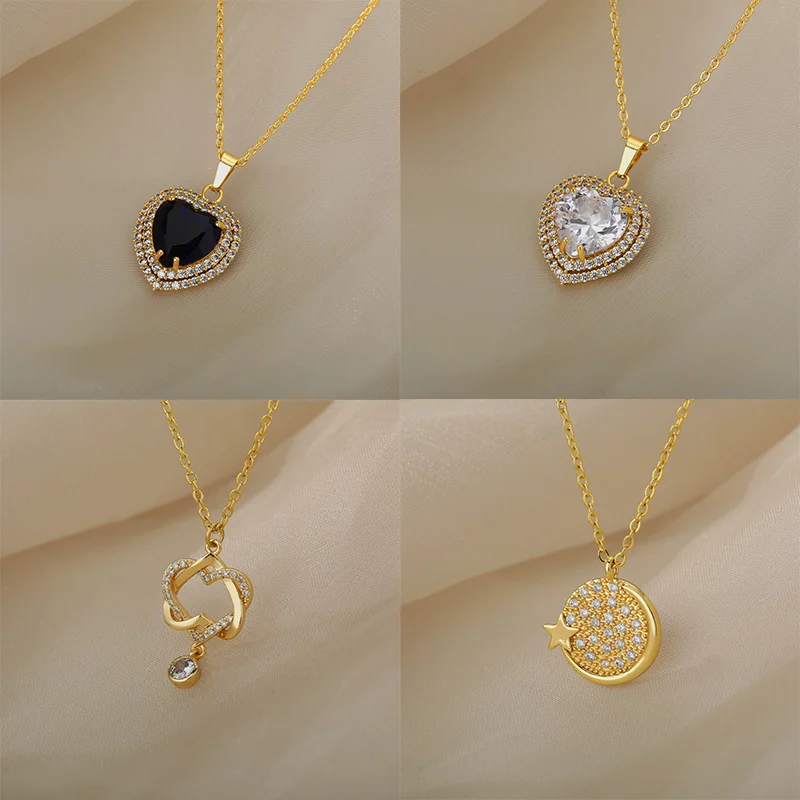 

Dual Heart Knot Necklaces For Women Stainless Steel Gold Zircon Intertwined Cross Star Moon Lotus Flower Pendant Couple Jewelry