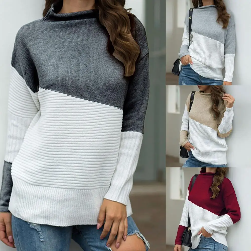 

Women Sweater Pullover Color Block Patchwork Long Sleeve Autumn Winter Loose Rolled Half Turtleneck Knitted Top Oversize Sweater