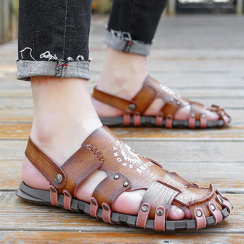 

ZSAUAN Rivet Handmade Sandals Men Summer Daily Leisure Beach Holiday Shoe Soft Adjustable Slippers Men Flats Plus Size 38-47