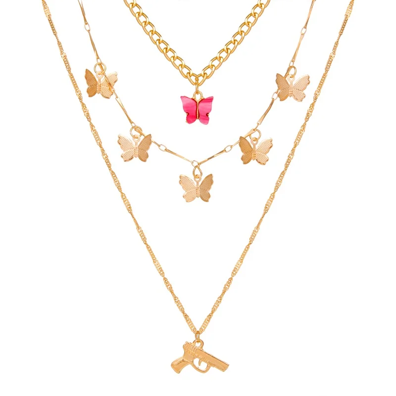 

VKME Vintage Multilayer Butterfly Chain Necklace For Women Fashion Gun Pendant Choker Necklaces Statement Bohemian 2021 Jewelry