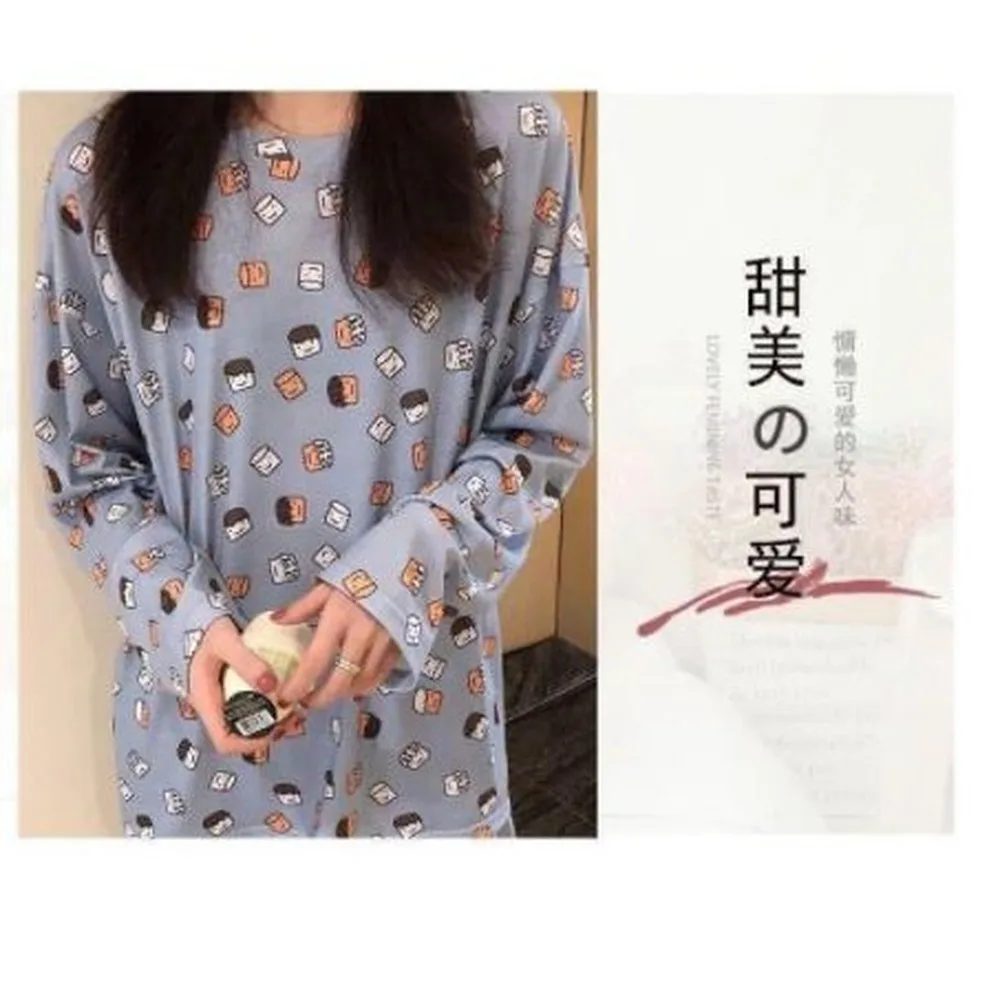 

Women Pyjamas Set Cartoon Long Sleeve silk Pajamas for Women Sleepwear women kawaii plus size Lingere Round Neck Full Length